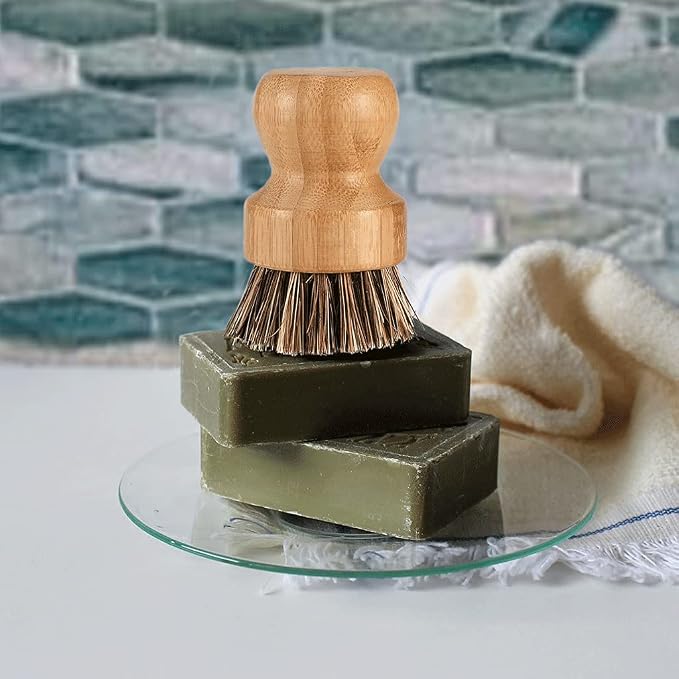 Bamboo Scrub Brush Clean Pan, Dish and Vegetable, Natural Bristles Palm Pot - Image 2
