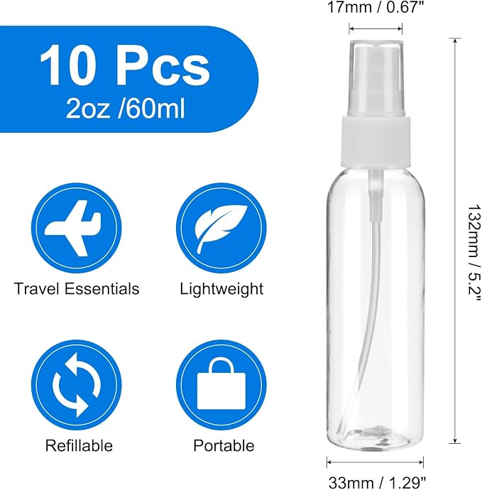 uxcell 10 Pack Spray Bottles, 2 Oz/60ML Clear Empty Mist Plastic Mini Travel - Image 2