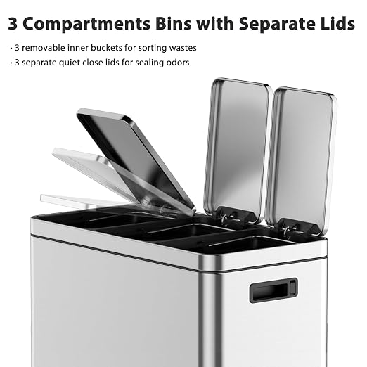 3 x 5.3 Gal Trash Can, Stainless Steel Triple Compartment Step-On Recycling Bin - Image 3