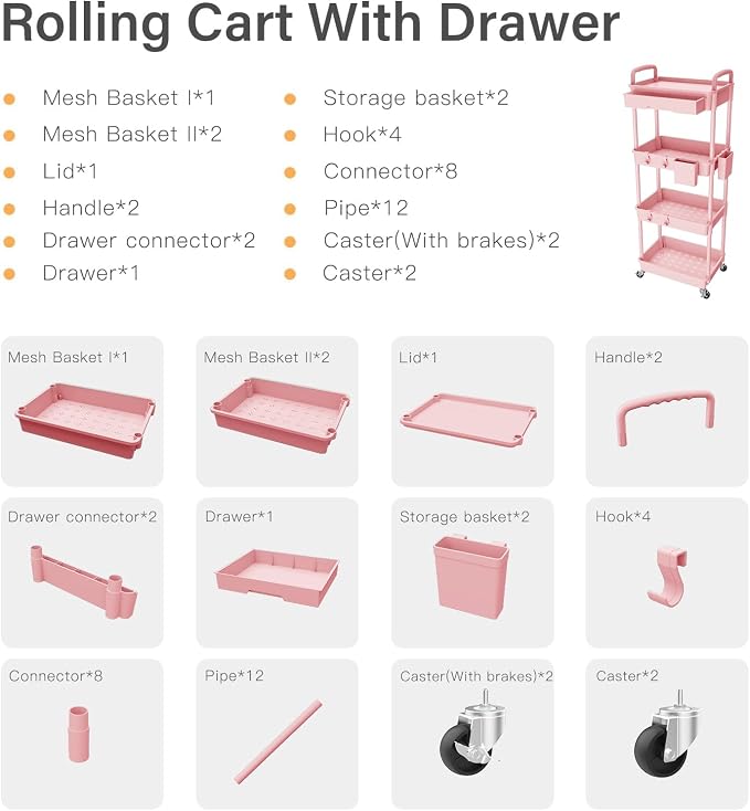 4 Tier Rolling Cart Organizer, Art Craft Diaper Bedside Snack Laundry Room - Image 7