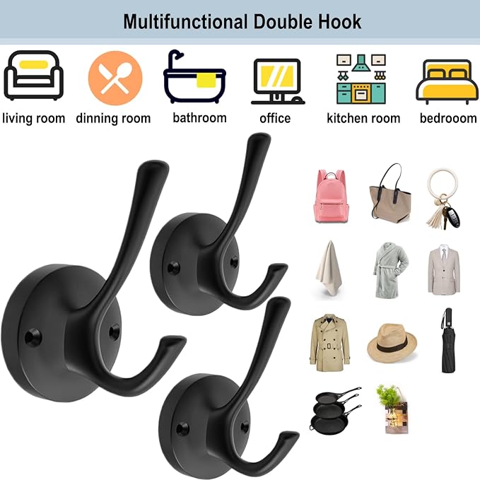 Matte Black Wall Hooks, 4 Pack Heavy Duty Coat Towel Hook Metal Double Backpack - Image 3