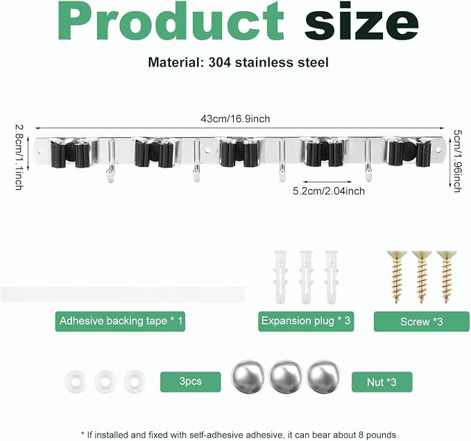 2Pcs 5 Racks 4 Hooks Stainless Steel Broom Mop Holder Anti Slip Wall Mount - Image 7