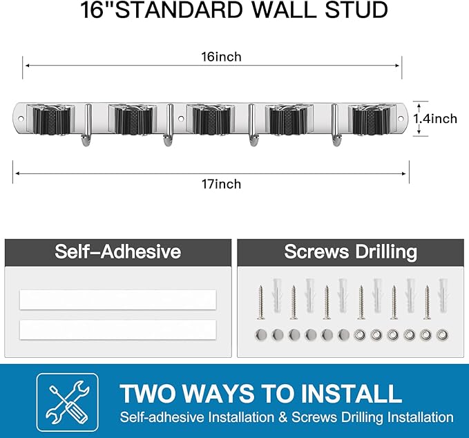 IMILLET 2 Pack Wall Mount Broom Holder Stainless Steel 5 Racks - Image 6