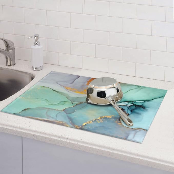 Teal Marble Golden Swirls Pattern Dish Drying Mats - Image 7