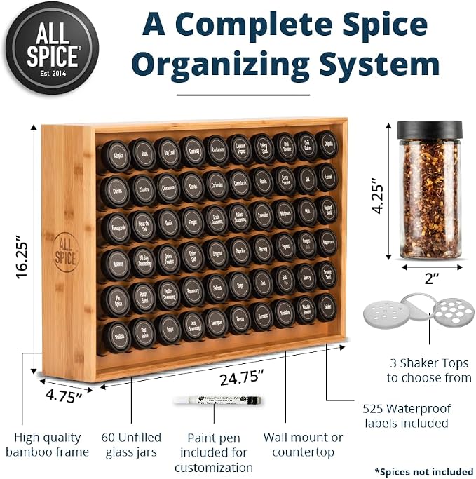 AllSpice Spice Rack Organizer, 525 Unique Labels, Countertop or Wall Mount - Image 3