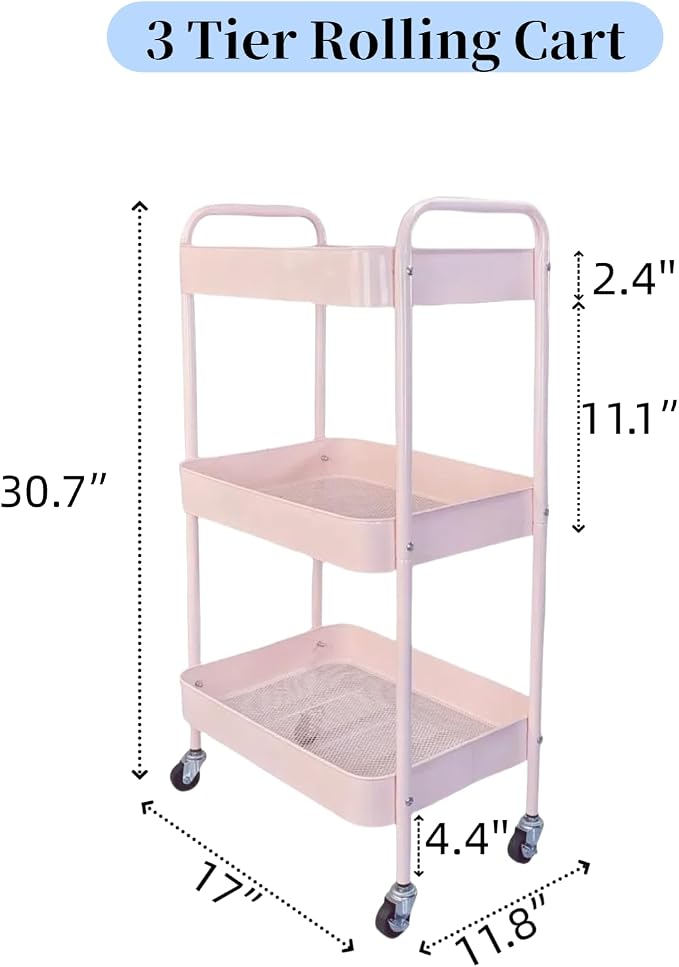 3 Tier Pink Rolling Cart for Nursery & Laundry Room - Image 5