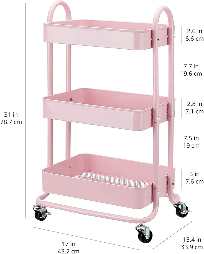Amazon Basics 3-Tier Rolling Utility or Kitchen Cart, Lockable Wheels, Dusty - Image 5