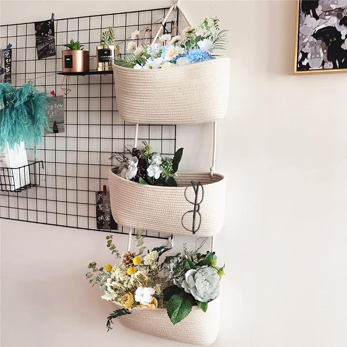 TeoKJ Over the Door Hanging Baskets, 3-Tier Woven Cotton Storage Organizer Bag - Image 4