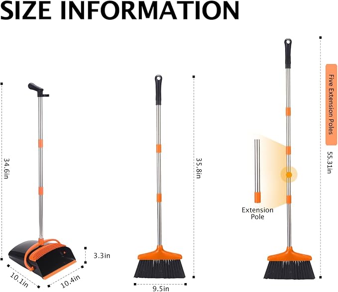 Broom and Dustpan Set with Long Handle, Light Weight Stainless Steel Poles - Image 2