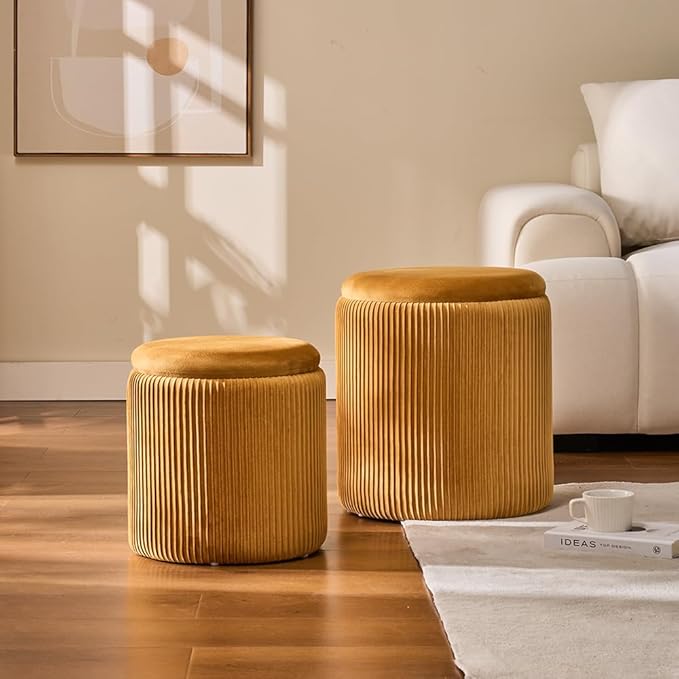 Round Set of 2 Ottoman with Storage-Upholstered Velvet Vanity Stool - Image 6
