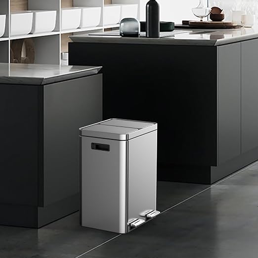 2 x 5.3 Gal Trash Can, Stainless Steel Triple Compartment Step-On Recycling Bin - Image 5