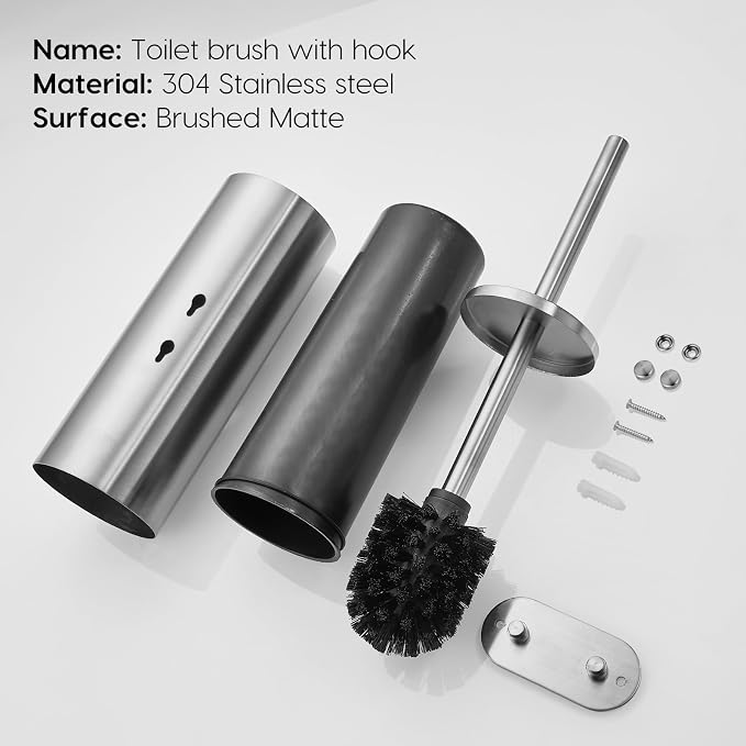 Brushed Stainless Steel Toilet Brush and Cover, No-Punch Hook Base Dual Purpose - Image 7