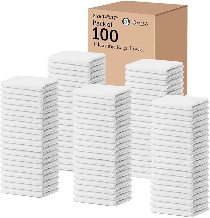 100% Cotton Terry Towel Cleaning Rags Pearl White 14'x17'|Pack of 100|Soft by TOALLA