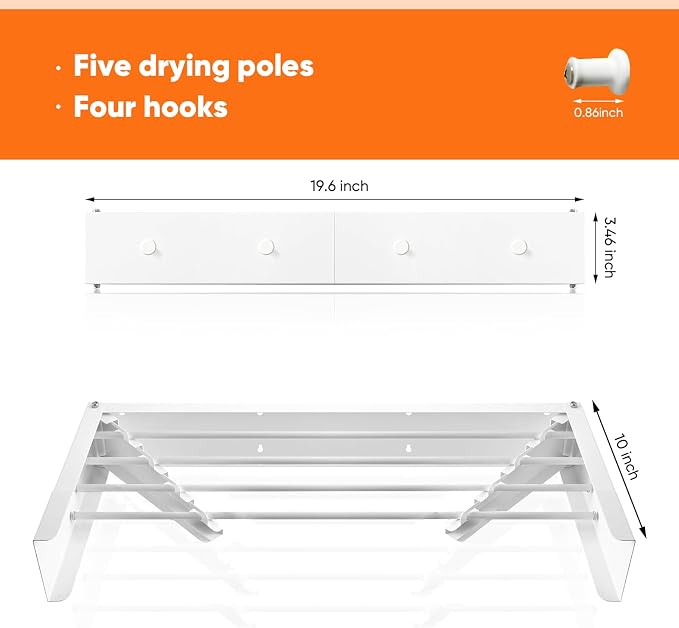 Clothes Drying Rack 20 inches Foldable Wall Mount Laundry Rack Folding Indoor - Image 5