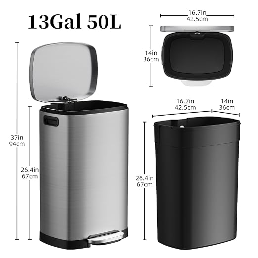 13 Gallon Trash Can with Lid, 50L Fingerprint Proof Stainless Steel Kitchen - Image 7
