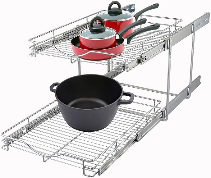 DINDON 2 Tier Pull Out Cabinet Organizer, Double Tier Wire Basket Slide Out - Image 7