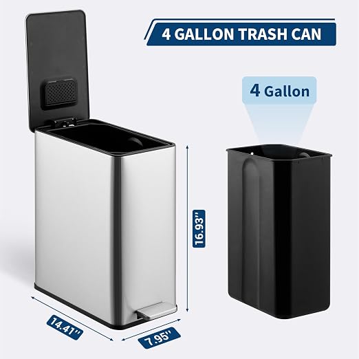 15 L Kitchen Step Trash Can, 4 Gallon Narrow Stainless Steel Waste Bin - Image 2