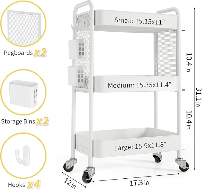 TOOLF 3 Tier Rolling Cart Storage Organizer, Metal Rolling Utility Cart - Image 6