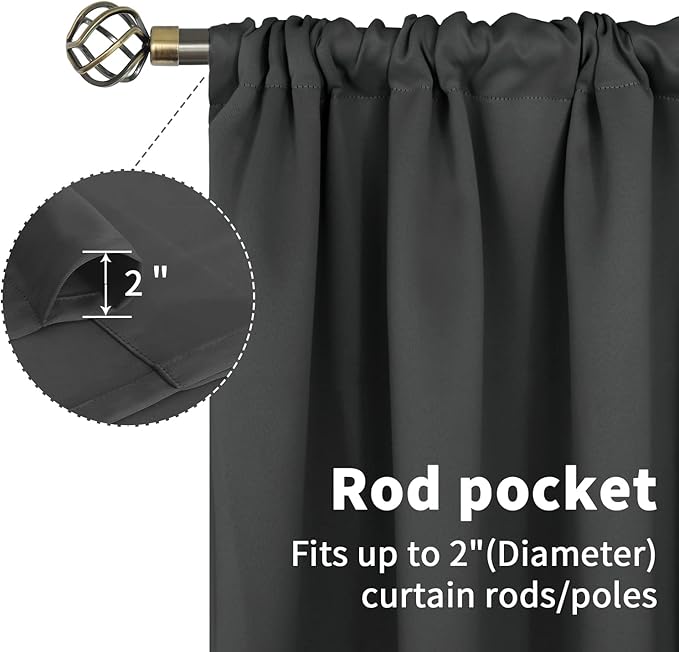 BGment Pocket Bedroom Curtains 63 Inch Long Dark Grey, Room Darkening Thermal - Image 4