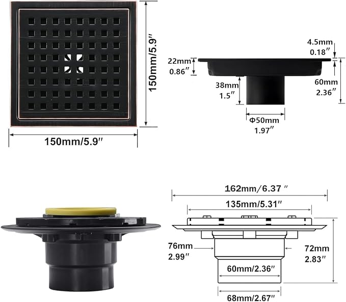 RANDOM 6 Inch Square Shower Floor Drain - Image 2
