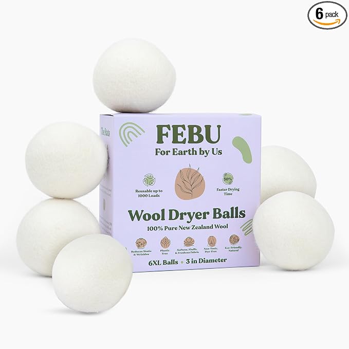 FEBU Wool Dryer Balls, XL | 100% New Zealand Wool | Natural, Reusable Fabric by FEBU
