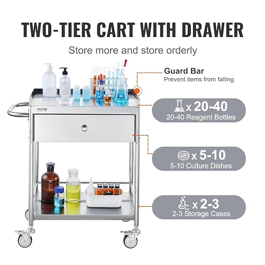 VEVOR Medical Cart, 2-Layer Stainless Steel Cart 220 lbs Weight Capacity - Image 3