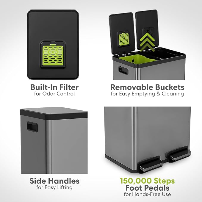 SIMPLI-MAGIC 16 Gallon Elegant Black Step Trash Can – Dual Compartment Kitchen - Image 5