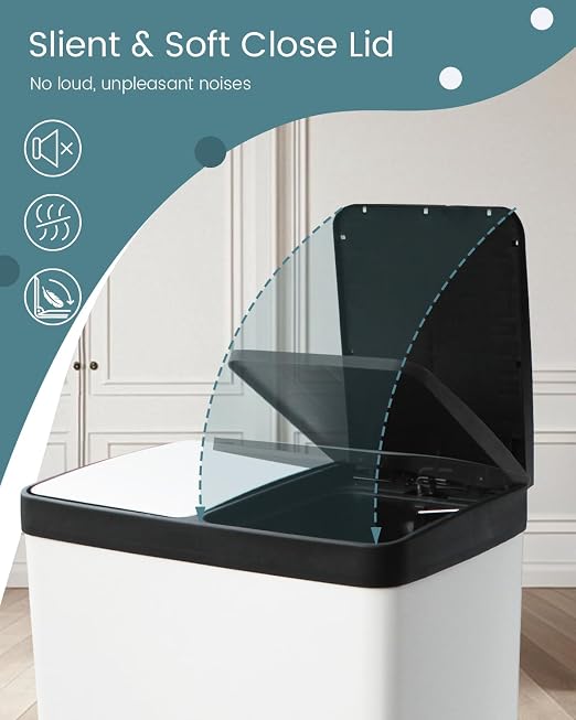 Dual Compartment Stainless Steel Trash Can, 16 Gallon / 60 Liters White Kitchen - Image 6