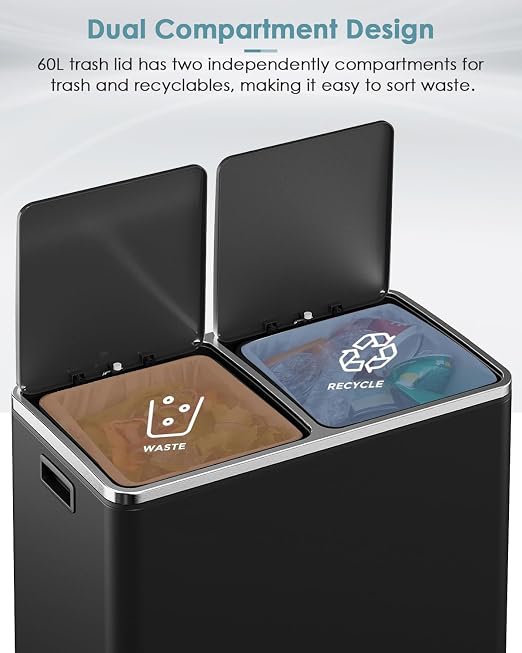 AthLike 60L Dual Trash Can, Stainless Steel Kitchen Garbage Can, Double - Image 5