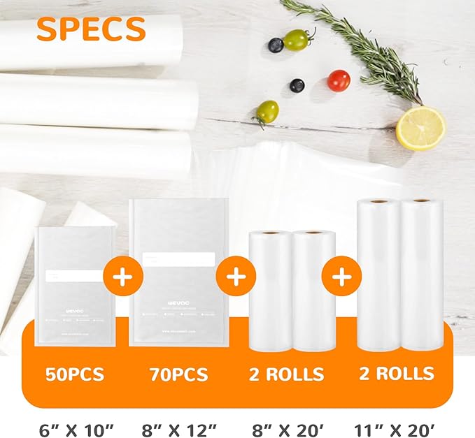 All-in-One Variety Pack Vacuum Sealer Bags & Rolls – 50x 6''x10'', 70x 8''x12'' - Image 2