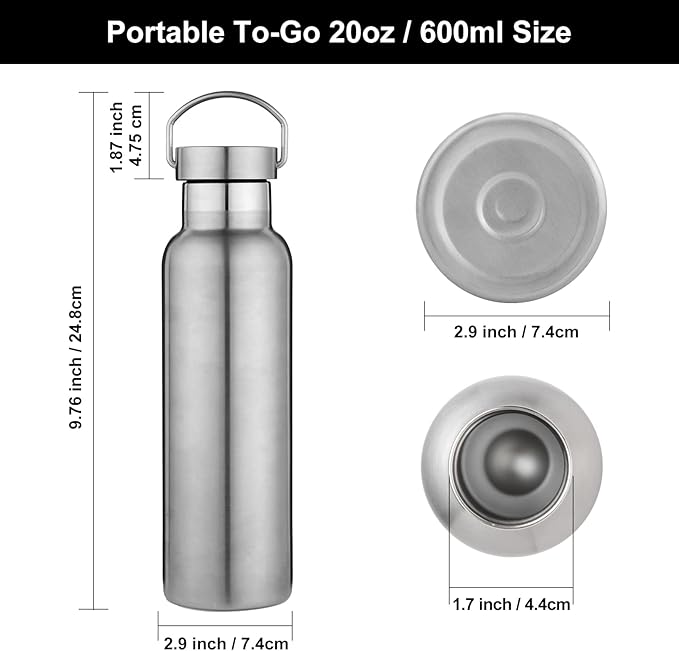 Neihepal Silver Stainless Steel Water Bottles, 20 Ounce Vacuum Insulated Double - Image 5