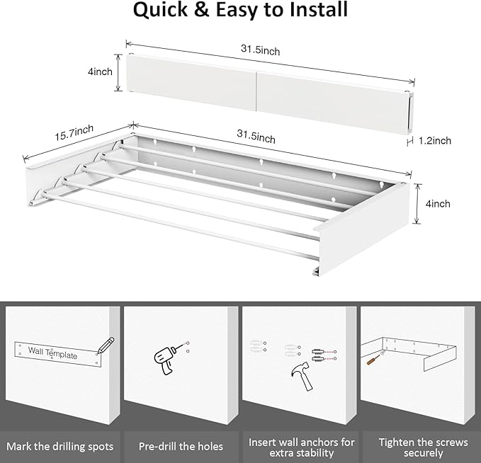 Laundry Drying Rack, Collapsible Wall Mounted Clothes Drying Rack - Image 2