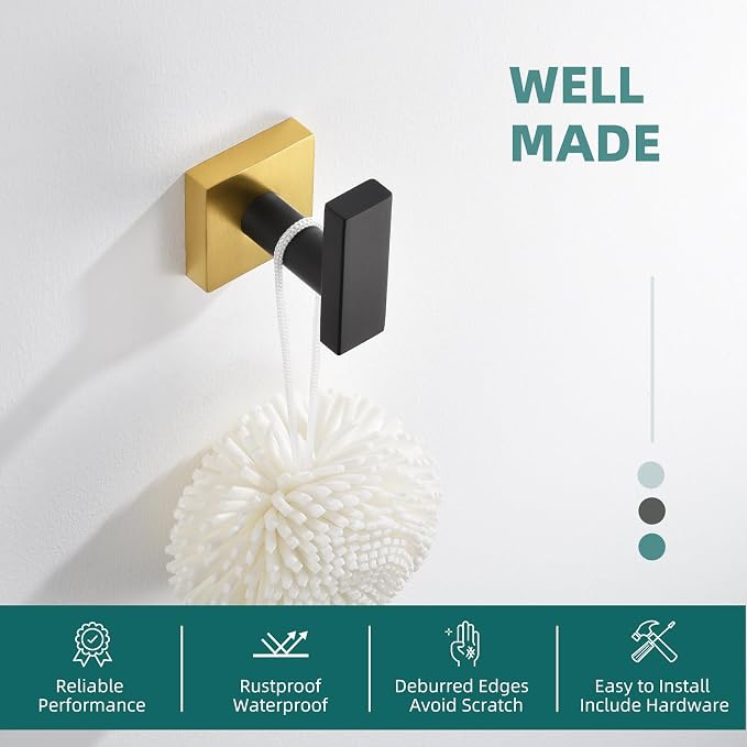 Angle Simple Towel Hook Black & Gold, Stainless Steel Bathroom Towel Holder - Image 4