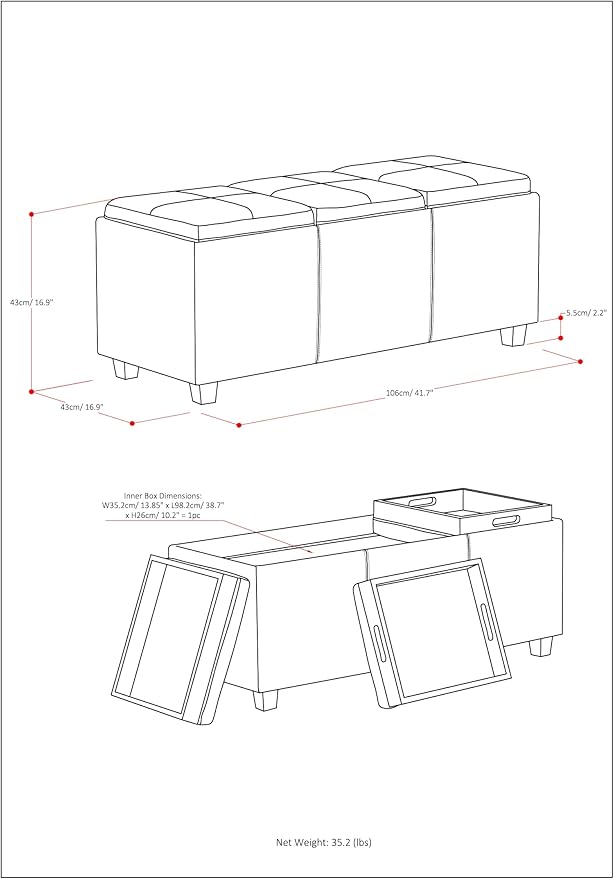 SIMPLIHOME Avalon 42 inch Wide Contemporary Rectangle Storage Ottoman in Red - Image 14