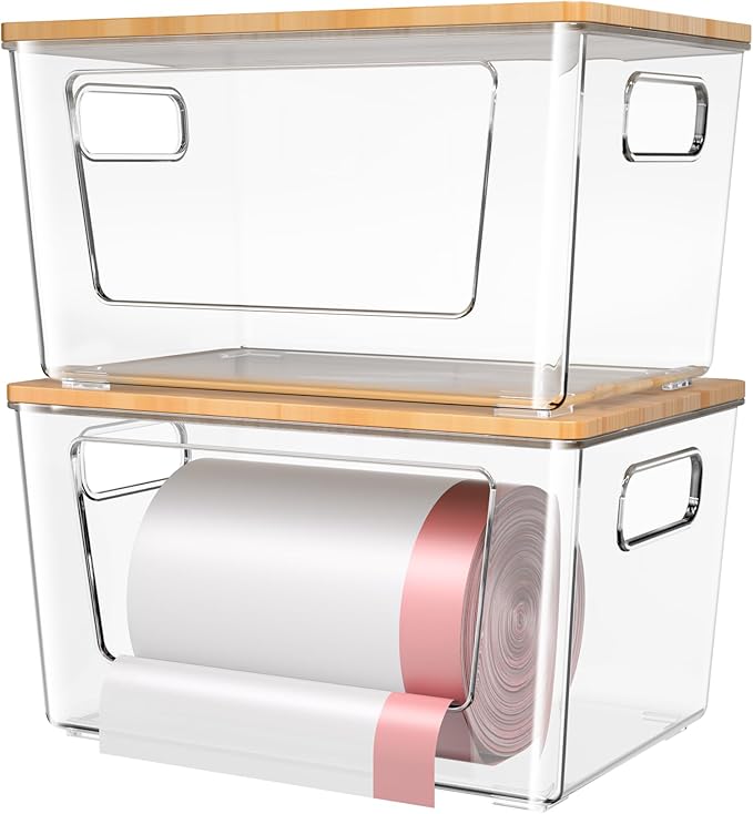 2 Pack Trash Bag Holder with Bamboo Lid, Stackable Trashbag Dispenser, Extra by SPOSPO