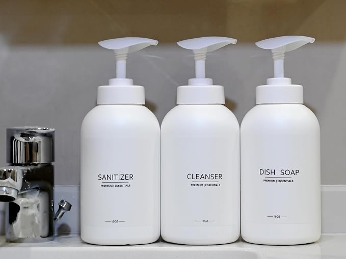 Frosted Pearl White Shampoo and Conditioner Bottles, Refillable Apothecary - Image 5