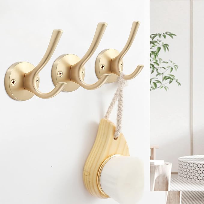 Gold Wall Hooks, 5 Pack Coat Robe Hook Heavy Duty Metal Double Bath Hook Wall - Image 4