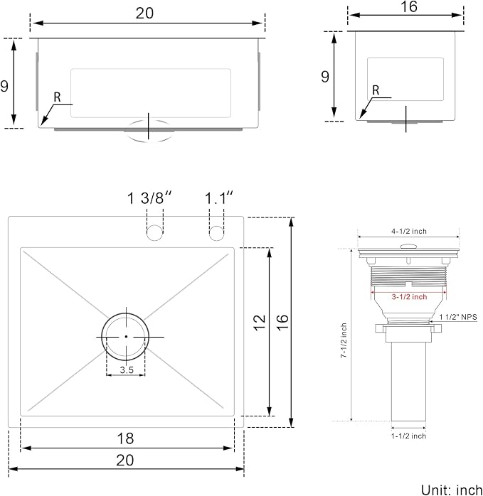 20x16x9 Inch Drop in Kitchen Sink, Handmade 304 Stainless Steel Single Bowl - Image 7