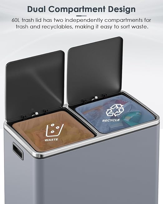 AthLike 60L Dual Trash Can, Stainless Steel Kitchen Garbage Can, Double - Image 5