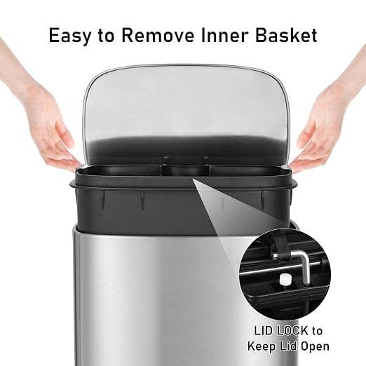 Arlopu 13.2+1.3 Gallon Step Trash Can, Stainless Steel Garbage Bin, Soft-Close - Image 4