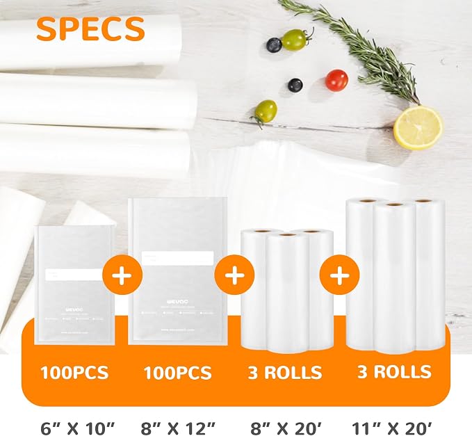 Multi-Size Sealing Solution Vacuum Sealer Bags & Rolls – 100x 6''x10'' - Image 2