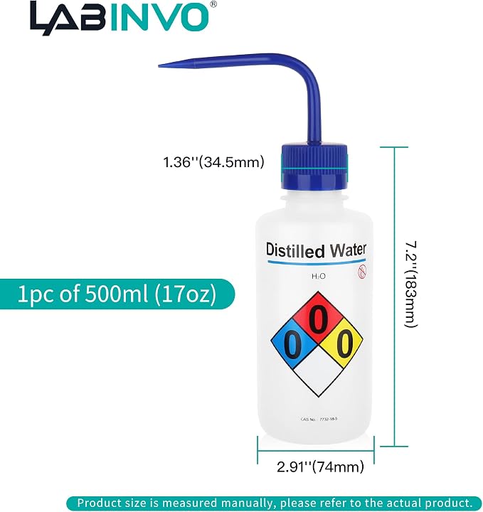 Distilled Water Wash Bottles, Narrow Mouth, Self-Venting Safety Wash Bottles - Image 3