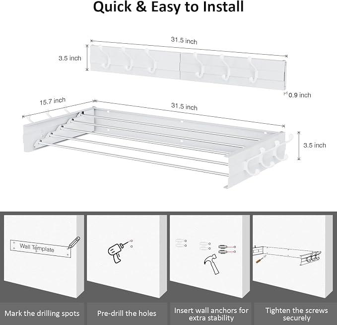 Laundry Drying Rack, Collapsible Wall Mounted Clothes Drying Rack - Image 2