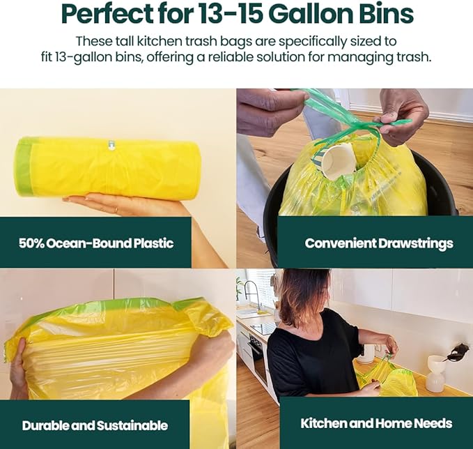 13 Gallon Trash Bags with Drawstrings, 80 Bags Made from 50% Recycled Plastic - Image 7