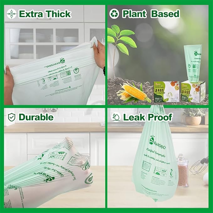 100% Compostable Trash Bags 13 Gallon Tall Kitchen, 0.9 Mil, Kitchen Compost - Image 3