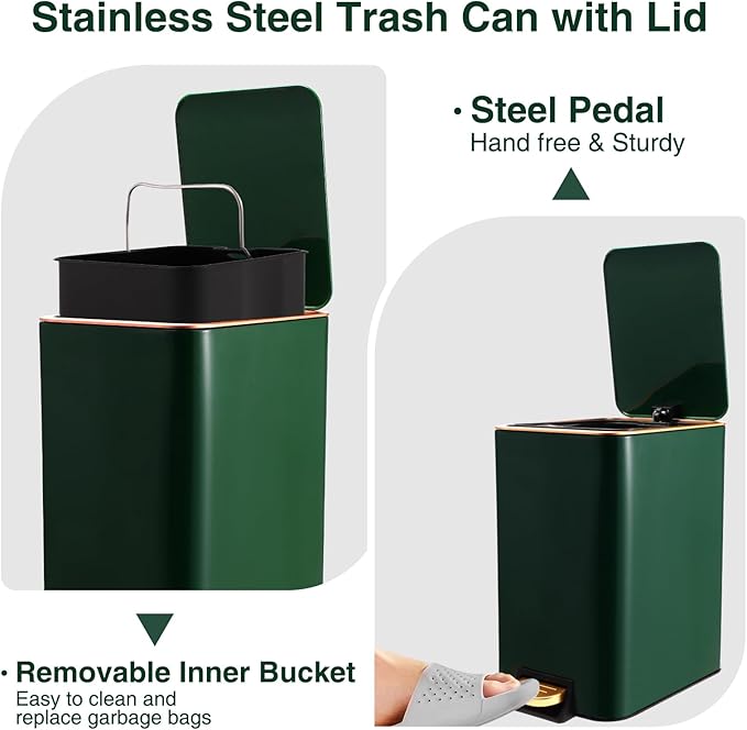 Small Bathroom Trash Can with Lid Soft Close, 1.8 Gallon Stainless Steel - Image 3