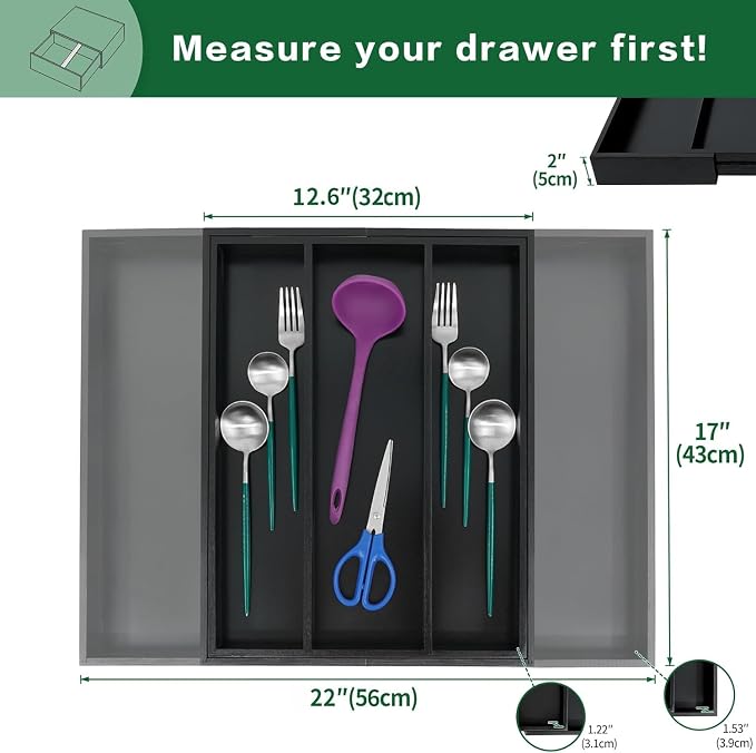 Utoplike Bamboo Drawer Organizer Kitchen Utensils, Adjustable Black Silverware - Image 3