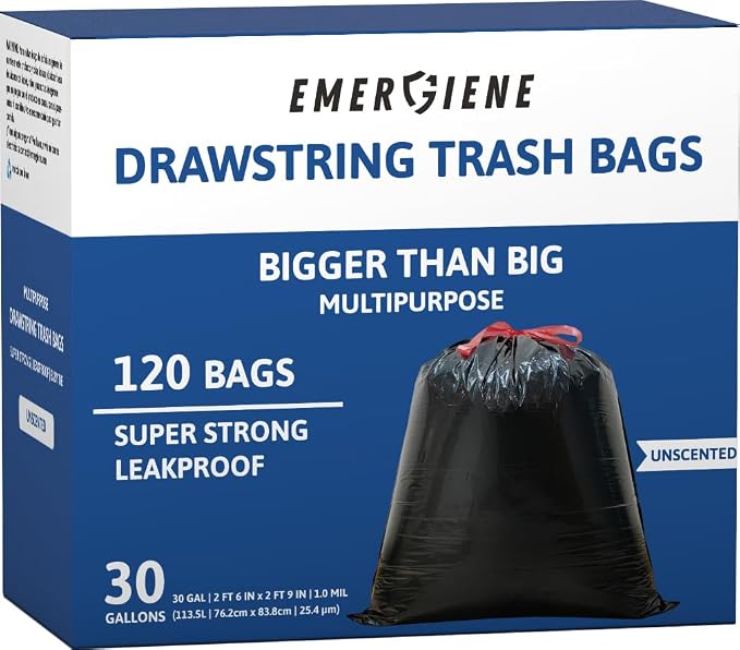 Ultra Strong 30 Gallon Drawstring Trash Bags, Unscented 120 Count Garbage Bags by Emergiene