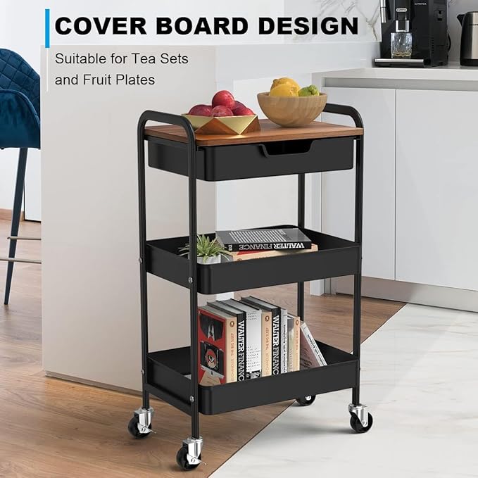 3 Tier Rolling Cart with Drawer, Metal Utility Cart on Wheels Storage Cart with - Image 4