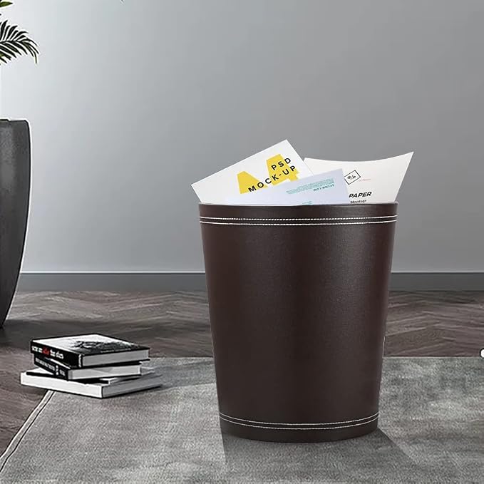 KINGFOM Classic Pu Leather Trash Can Wastebasket, Garbage Container Can - Image 4